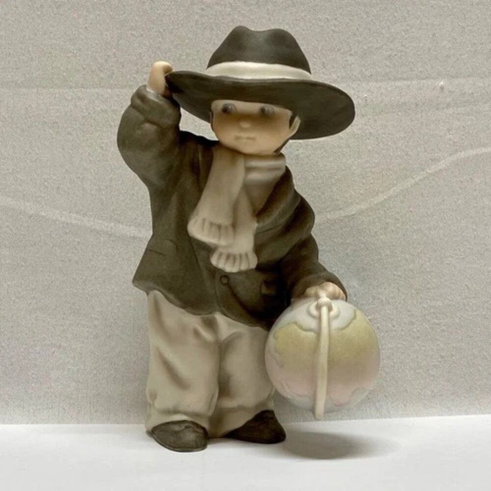 Vintage Enesco 1995 Kim Anderson Bisque Figurine Boy +‎ Globe #175293 EUC